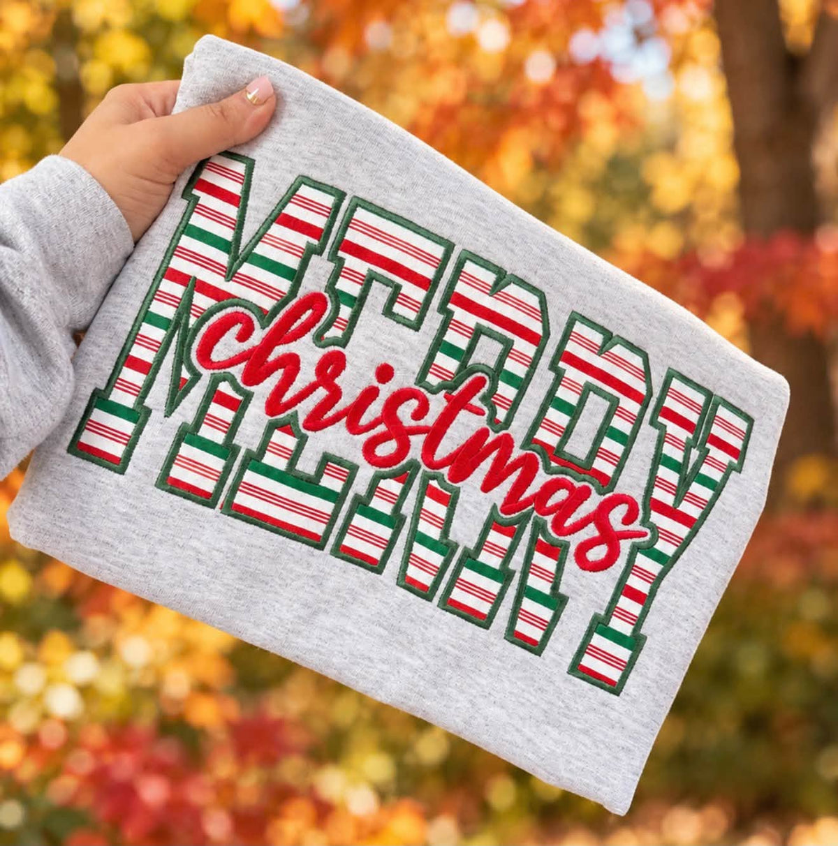 Merry Christmas Striped Appliqué Crewneck