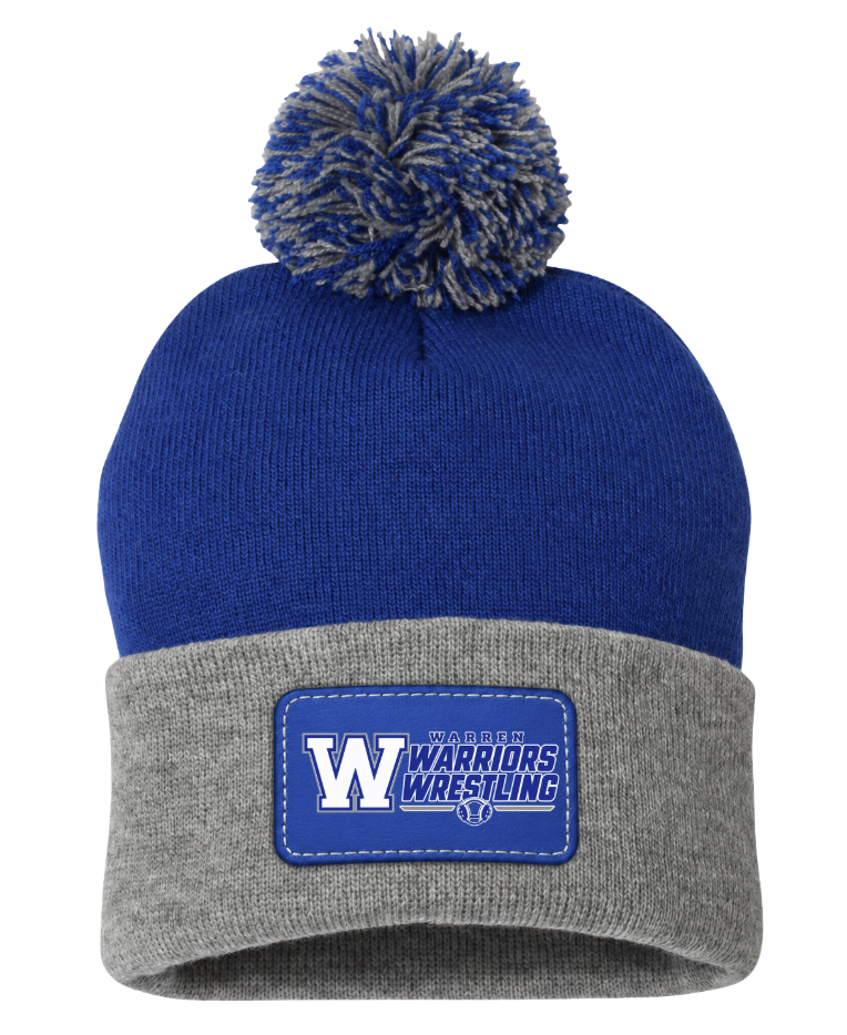 Warren Warriors Wrestling Leather Patch Pom Beanie – Royal Blue & Gray